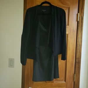 Eileen Fisher black cardigan and gray pencil skirt